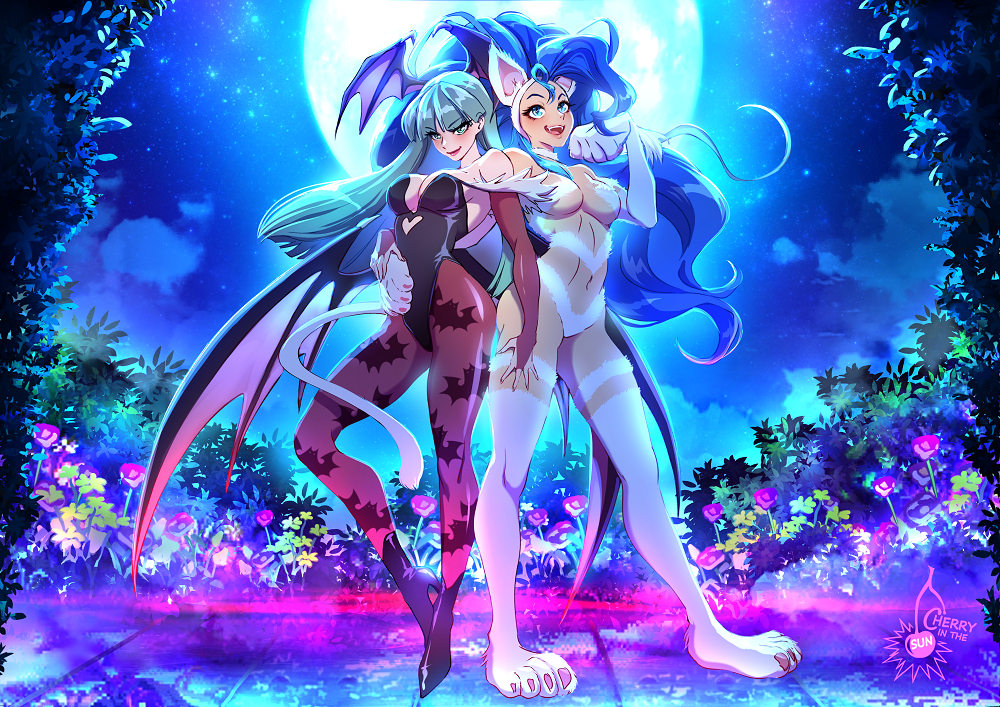 2girls animal_ears animal_hands animal_print bat_print bat_wings blue_hair breasts cat_ears cat_girl cat_paws cat_tail cherry_in_the_sun darkstalkers demon_girl felicia_(darkstalkers) flower full_moon green_hair head_wings large_breasts leotard long_hair moon morrigan_aensland multiple_girls night star_(sky) tail wings