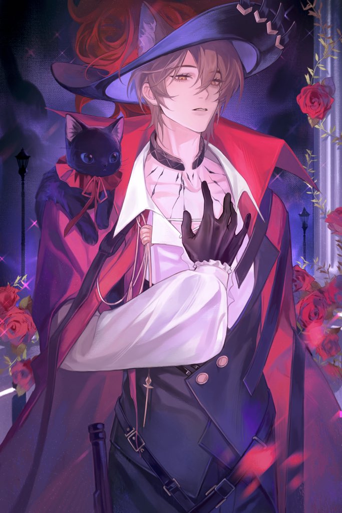 1boy animal animal_ear_fluff animal_ears animal_on_shoulder arknights arm_at_side black_cat black_gloves black_headwear black_jacket black_pants brown_hair cape cat cat_boy cat_ears choro-nakini miss_christine_(arknights) commentary cowboy_shot ears_through_headwear flower gloves half-closed_eyes hand_on_own_chest hat hat_flower indoors infection_monitor_(arknights) jacket looking_at_viewer male_focus material_growth official_alternate_costume open_clothes open_shirt oripathy_lesion_(arknights) pants parted_lips phantom_(arknights) phantom_(focus)_(arknights) red_cape red_flower red_rose rose shirt short_hair white_shirt window yellow_eyes