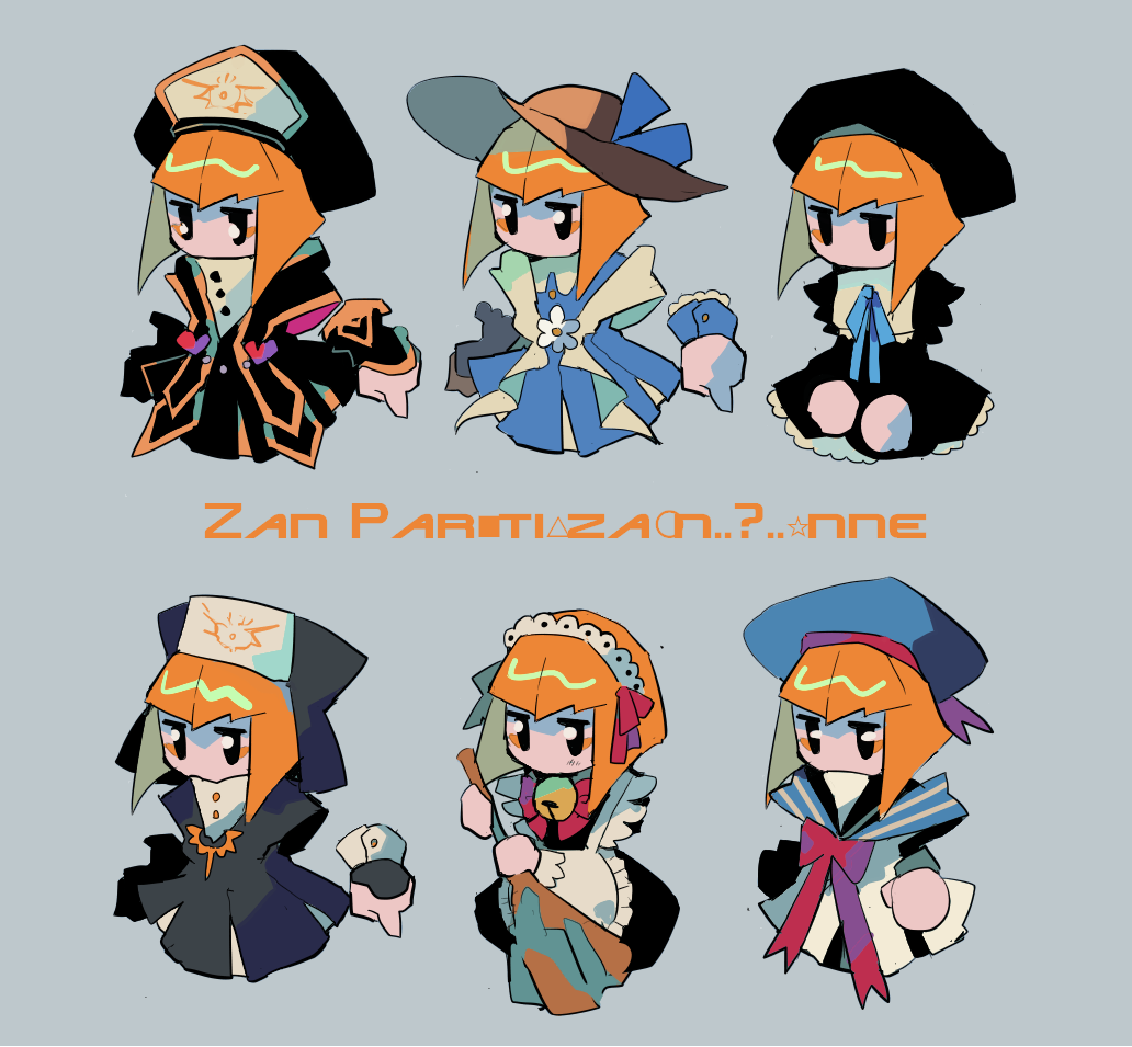 1girl alternate_costume bad_id bad_pixiv_id blonde_hair blunt_bangs bob_cut broom character_name disembodied_hand grey_background habit hat kirby_star_allies kirby_(series) maid maid_headdress military_hat military_uniform multiple_views neck_bell nintendo nun sailor_collar sailor_hat short_hair soumenhiyamugi sun_hat zan_partizanne