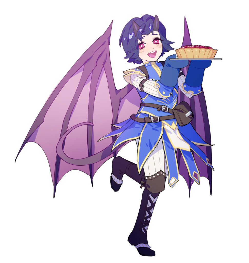 1girl arm_strap arueshalae black_boots blue_dress blue_hair blue_mittens boots demon_girl demon_horns demon_tail demon_wings dress food full_body holding holding_plate horns leg_up long_sleeves looking_at_viewer maiucal mittens open_mouth pants pathfinder pie plate red_eyes short_hair simple_background smile solo standing tail white_background white_pants wings