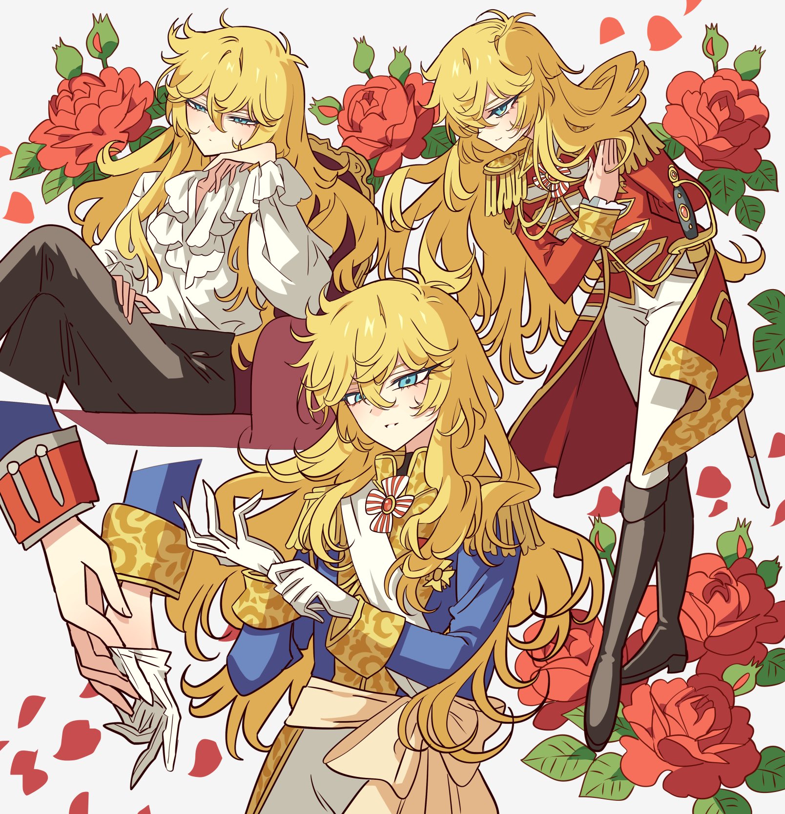 1girl adjusting_clothes adjusting_gloves arm_behind_back black_pants blonde_hair blue_eyes blue_jacket closed_mouth crossed_legs floating_hair flower full_body gloves grey_background hair_between_eyes highres jacket leaning_forward long_hair long_sleeves meremero messy_hair oscar_francois_de_jarjayes pants parted_lips rapier red_flower red_jacket red_rose rose sitting smile solo standing straight_hair sword versailles_no_bara very_long_hair weapon white_gloves white_pants