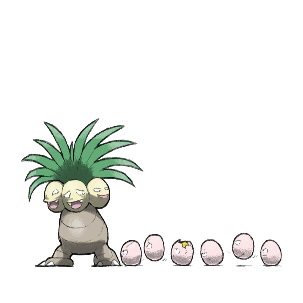 :d blacknirrow evolutionary_line exeggcute exeggutor fangs game_freak gen_1_pokemon half-closed_eyes multiple_heads nintendo no_humans open_mouth pokemon pokemon_(creature) pokemon_focus simple_background smile white_background