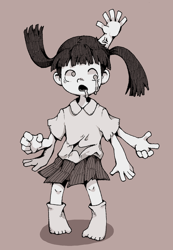 1girl 6_9 chomahu drooling extra_arms full_body long_hair melting_eyes monoko open_mouth pleated_skirt short_hair short_sleeves simple_background skirt socks solo twintails veins veiny_arms yume_nikki