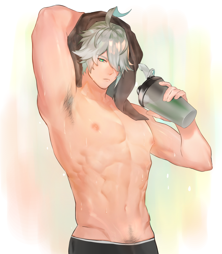 1boy abs alhaitham_(genshin_impact) arm_up armpit_hair armpits black_male_underwear closed_mouth flask genshin_impact green_eyes grey_hair hair_between_eyes hair_over_one_eye holding holding_flask looking_at_viewer male_focus male_underwear multicolored_hair muscular muscular_male navel nipples pubic_hair short_hair solo stomach towel towel_on_head underwear zhineart