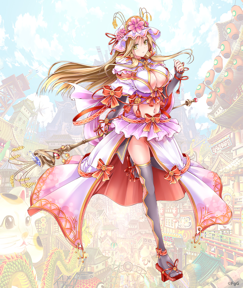 1girl blonde_hair bow breasts cleavage cleavage_cutout clothing_cutout commentary_request floating_hair fujihito full_body geta grey_thighhighs holding holding_staff kushinada_(shinobi_nightmare) large_breasts looking_at_viewer midriff official_art parted_lips phantom_of_the_kill red_bow red_footwear second-party_source shinobi_nightmare solo staff standing standing_on_one_leg thighhighs yellow_eyes