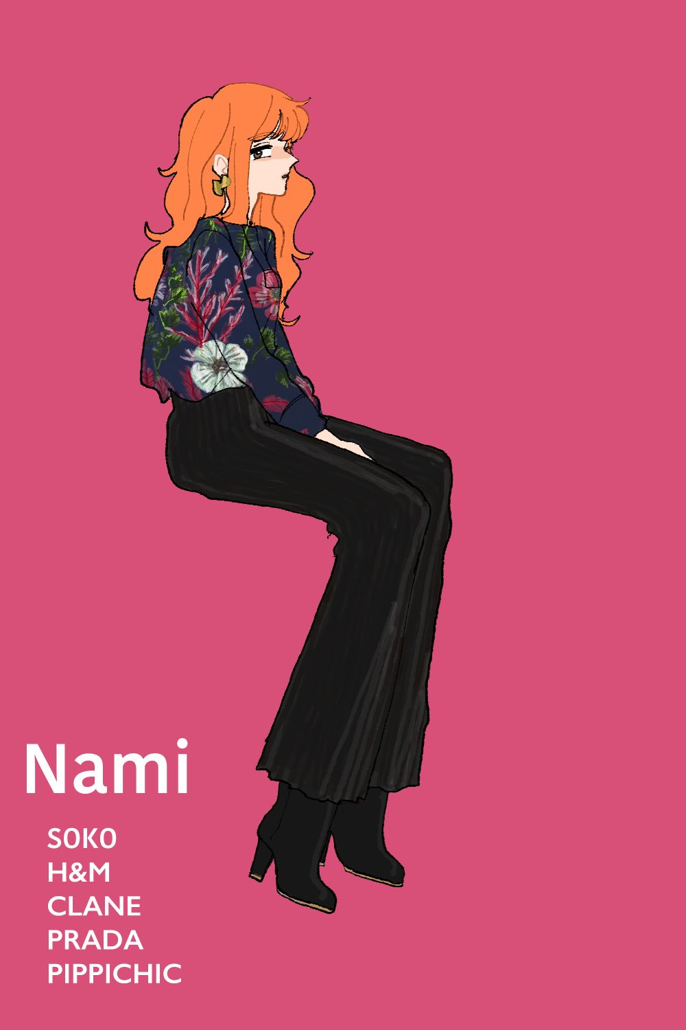 1girl black_pants black_shoes blunt_bangs boots character_name commentary_request earrings floral_print high_heel_boots high_heels highres invisible_chair jewelry long_hair long_sleeves nami_(one_piece) nicole7310 one_piece orange_hair pants pink_background profile shirt_tucked_in shoes simple_background sitting solo