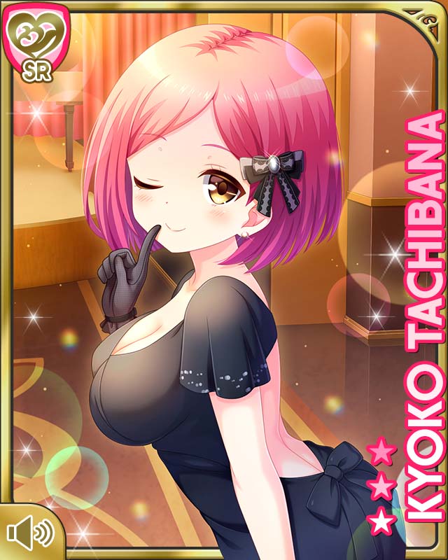 1girl bare_legs black_dress black_gloves bow breasts brown_eyes card_(medium) character_name cleavage closed_mouth dress female_focus girlfriend_(kari) gloves hair_bow indoors mansion night official_art one_eye_closed pink_hair qp:flapper short_hair smile solo tachibana_kyouko_(girlfriend_(kari)) tagme teacher wink