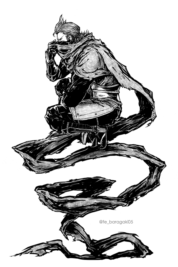 fe_baragaki05 fire_emblem fire_emblem_fates floating greyscale long_scarf looking_to_the_side male_focus mask monochrome mouth_mask ninja ninja_mask nintendo saizo_(fire_emblem) scarf
