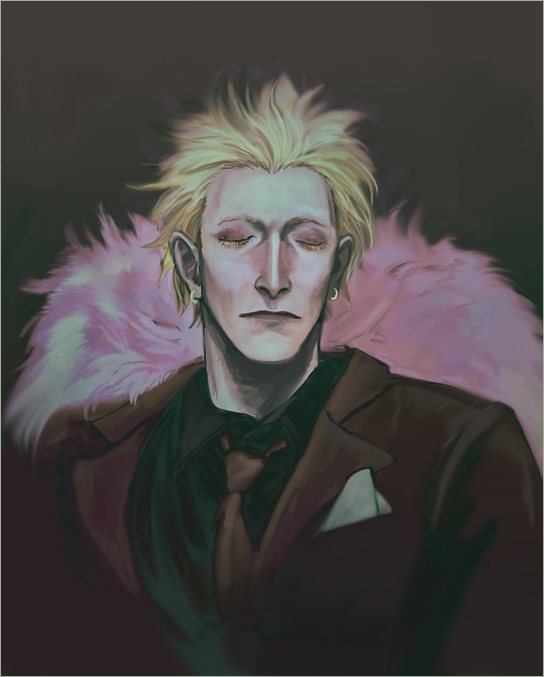 1boy black_shirt blonde_hair closed_eyes closed_mouth commentary donquixote_doflamingo earrings english_commentary formal_clothes hoop_earrings jewelry julyan long_sleeves male_focus necktie one_piece red_necktie red_suit shirt short_hair solo suit