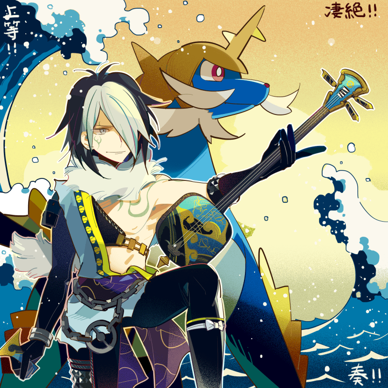 1boy bad_id bad_pixiv_id black_hair chain chosokabe_motochika chousokabe_motochika_(sengoku_musou) colored_bangs facial_mark gen_5_pokemon gradient_background instrument male_focus multicolored_hair nintendo nobunaga_no_yabou ocean pokemon pokemon_(creature) pokemon_conquest samurott sengoku_musou shamisen sky tattoo two-tone_hair ucchii water waves white_hair