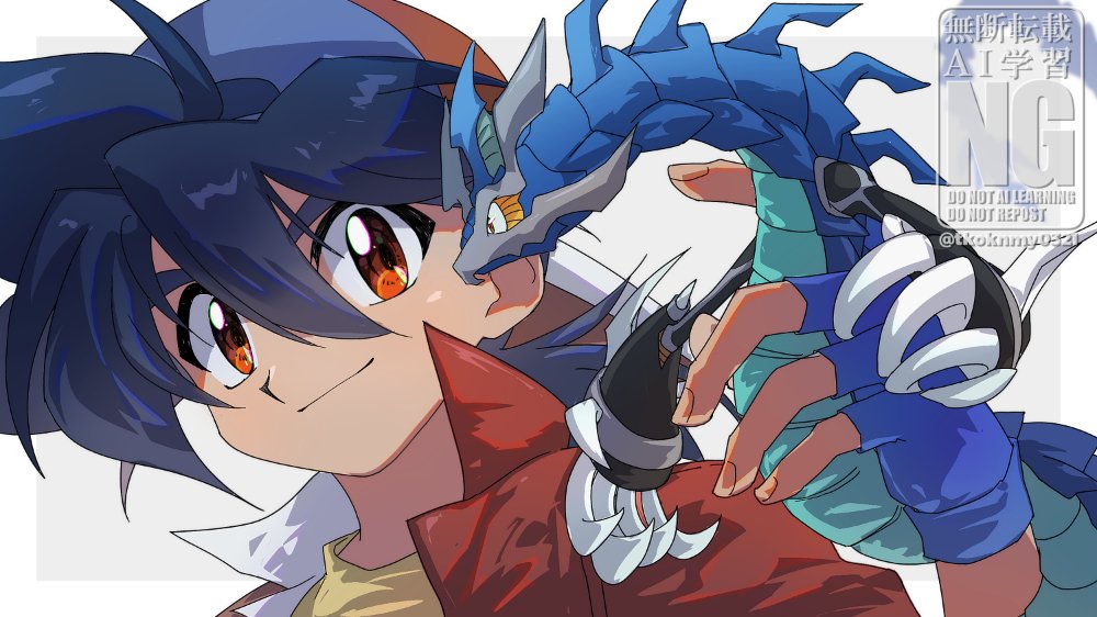 1boy bakuten_shoot_beyblade beyblade black_hair blue_gloves brown_eyes fingerless_gloves gloves grey_background hat holding jacket kinomiya_takao long_hair male_focus red_hat red_jacket seiryuu shirt simple_background solo_focus tkoknmy0321 twitter_username upper_body watermark yellow_shirt