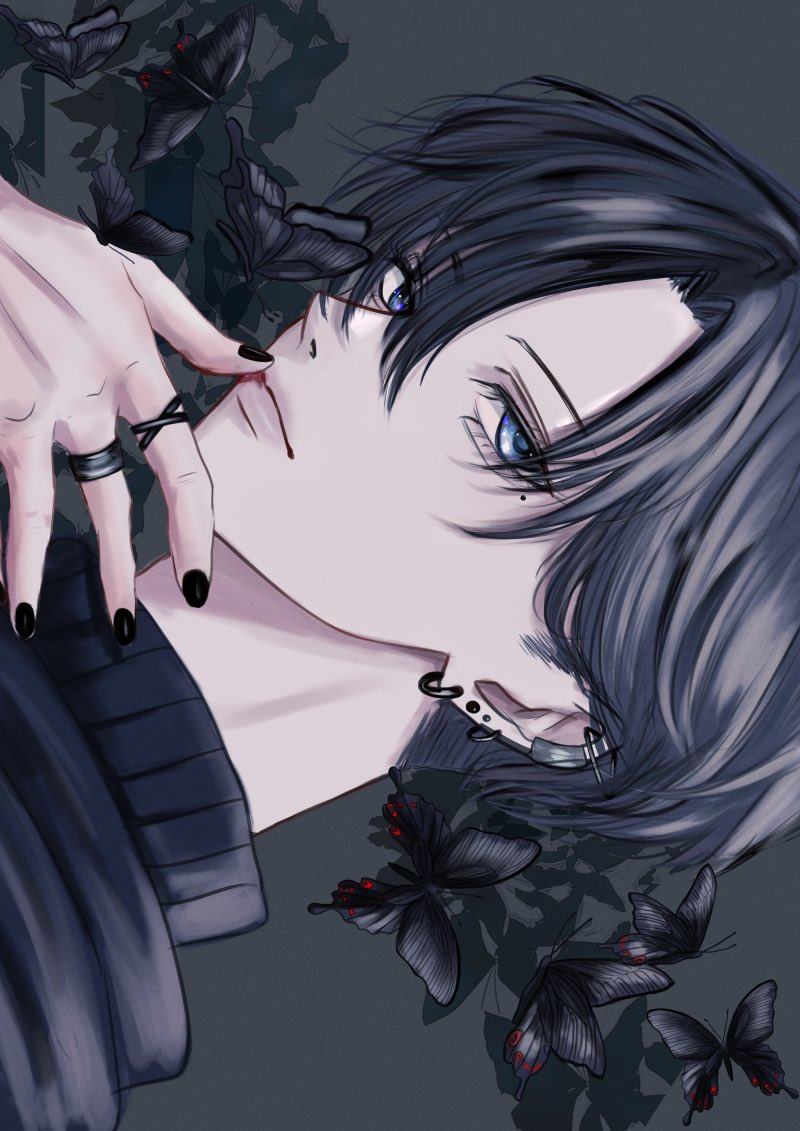 1boy arm_up black_butterfly black_hair black_nails black_shirt blue_eyes bug butterfly commentary_request ear_piercing earrings grey_background h_whitewish insect jewelry looking_to_the_side male_focus multiple_earrings multiple_rings nail_polish original parted_bangs piercing ring shirt short_hair sideways_glance solo stud_earrings turtleneck