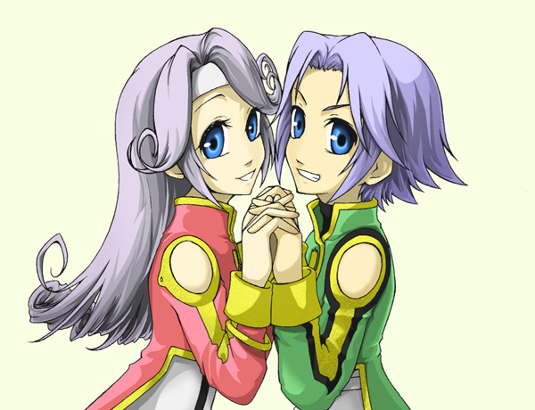 1boy 1girl blue_eyes blue_hair brother_and_sister dio_(tales) dress grey_hair headband jacket long_hair mel_(tales) open_mouth pants short_hair siblings tales_of_(series) tales_of_phantasia:_narikiri_dungeon tales_of_phantasia:_narikiri_dungeon_x