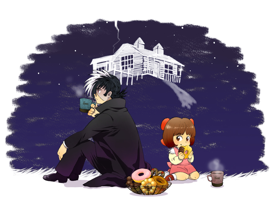 1boy 1girl black_coat black_footwear black_hair black_jack_(character) black_jack_(series) black_pants brown_eyes brown_hair coat cup donut dress eyelashes food full_body holding holding_cup holding_donut holding_food house kneeling multicolored_hair night outdoors pants pink_dress pinoko shintora short_hair sitting split-color_hair star_(sky) steam stitched_face stitches tezuka_osamu_(style) white_hair
