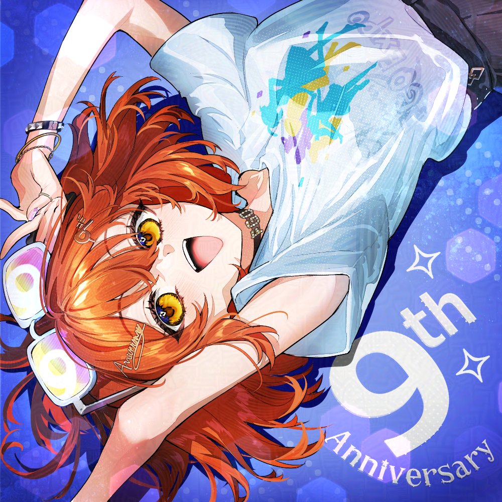 1girl :d alternate_costume anniversary blue_background choker clothes_writing commentary_request english_text eyewear_on_head fate/grand_order fate_(series) fujimaru_ritsuka_(female) galibo hair_ornament holding holding_removed_eyewear looking_at_viewer lying on_back open_mouth orange_eyes orange_hair shirt short_hair short_sleeves smile solo t-shirt teeth text_background unworn_eyewear upper_teeth_only white_shirt