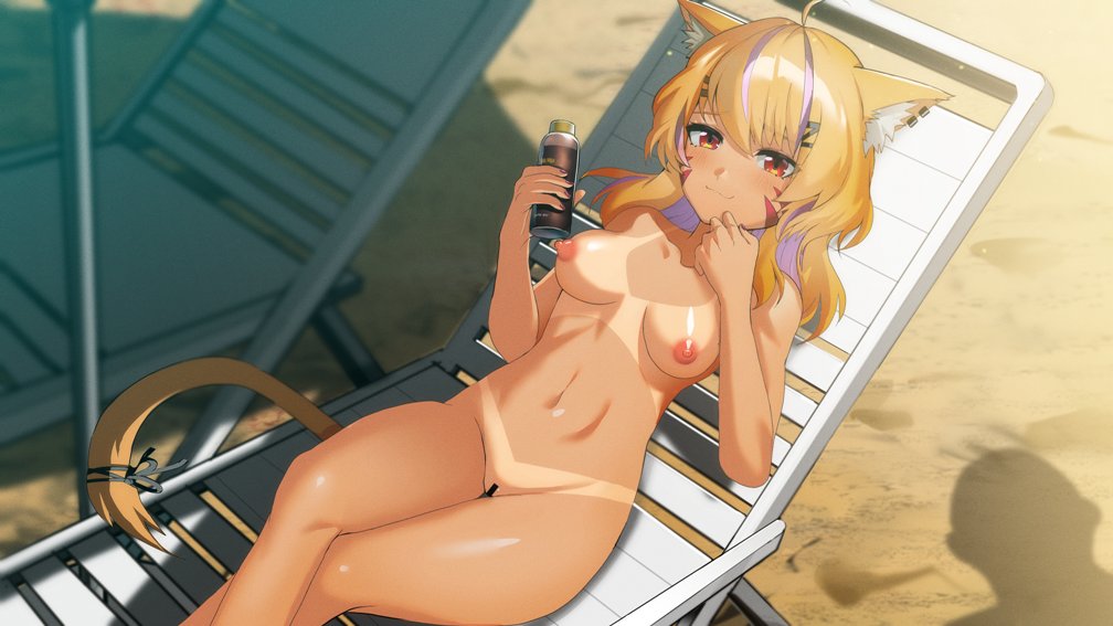 1girl 364ing ahoge animal_ear_fluff animal_ears bar_censor beach blonde_hair breasts cat_ears cat_girl cat_tail censored chair colored_inner_hair commentary completely_nude english_commentary facial_mark indie_virtual_youtuber long_hair looking_at_viewer lotion_bottle lounge_chair medium_breasts multicolored_hair navel nude outdoors purple_hair red_eyes ribbon second-party_source shadow shyrei_faolan solo streaked_hair tail tail_ornament tail_ribbon tan tanline two-tone_hair virtual_youtuber whisker_markings