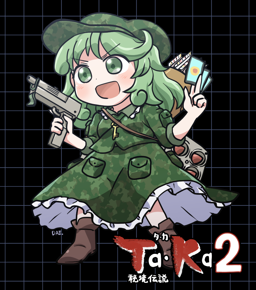 1girl :d ability_card_(touhou) between_fingers black_background blush boots brown_boots camouflage camouflage_shirt camouflage_skirt card card_between_fingers collared_shirt commentary_request flat_cap frilled_shirt_collar frilled_skirt frills full_body green_hair green_hat green_shirt green_skirt gun hat holding holding_gun holding_weapon jewelry key key_necklace long_sleeves mac-10/11 necklace open_mouth plaid_background rocket_launcher rokugou_daisuke shirt short_hair signature skirt skirt_set smile solo standing submachine_gun touhou translation_request v-shaped_eyebrows weapon yamashiro_takane