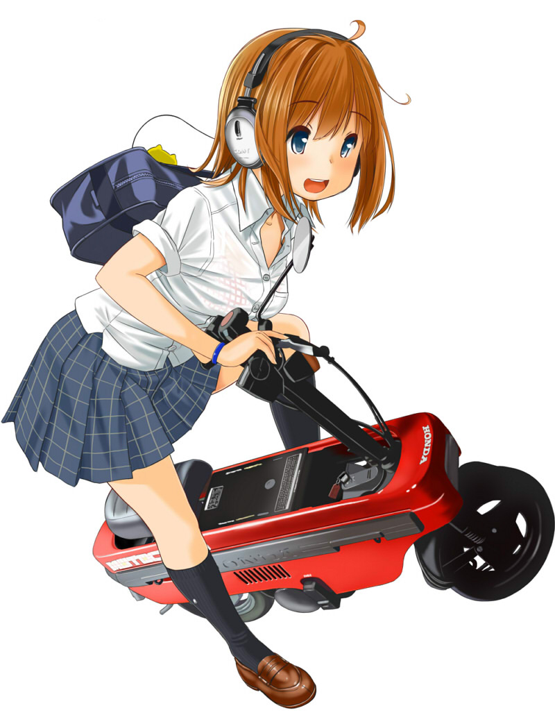 1girl backpack bag black_socks blue_eyes blue_skirt bra_visible_through_clothes brown_footwear brown_hair dress_shirt headphones honda_motocompo kneehighs moped motor_vehicle original retsumaru shirt simple_background skirt socks white_shirt