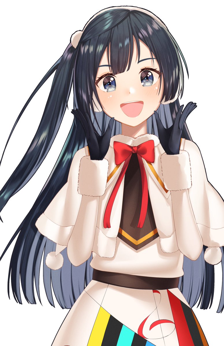 1girl black_gloves black_hair colorful_dreams!_colorful_smiles!_(love_live!) commentary earmuffs gloves grey_eyes kaku_zo_00 long_hair looking_at_viewer love_live! love_live!_nijigasaki_high_school_idol_club one_side_up sidelocks smile solo upper_body white_background yuki_setsuna