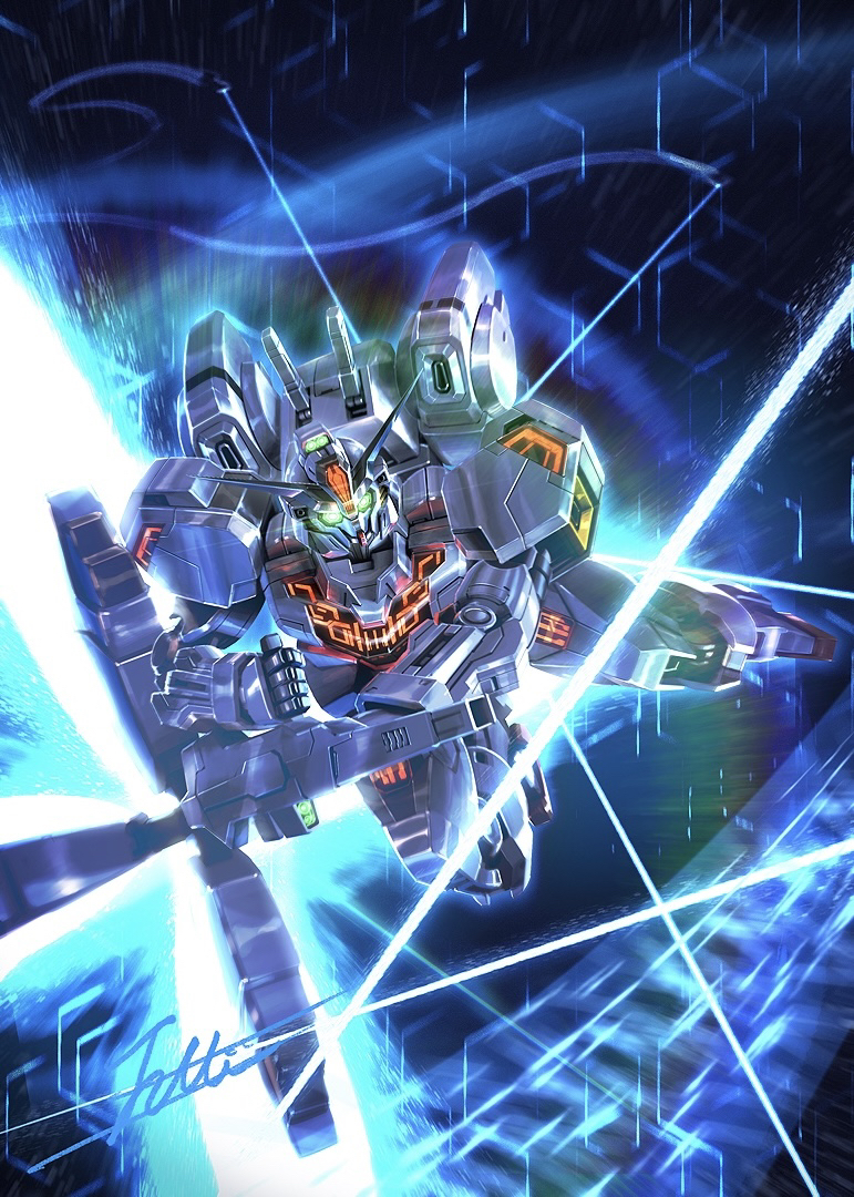 beam_cannon commentary dodging energy_cannon flying glowing glowing_eyes green_eyes gundam gundam_calibarn gundam_suisei_no_majo holding holding_cannon holding_weapon mecha mobile_suit no_humans robot science_fiction signature solo thrusters totthii0081 v-fin weapon