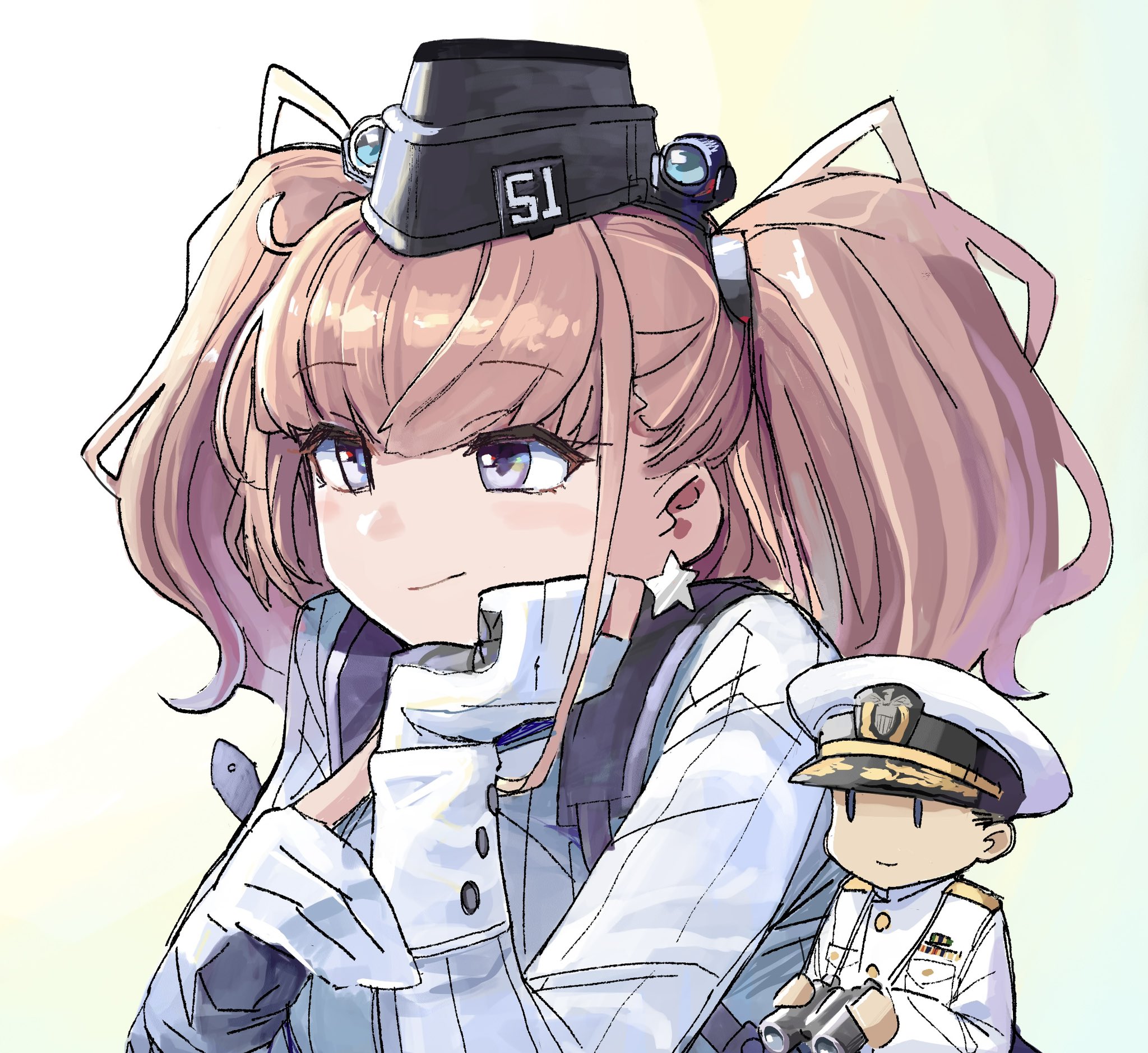 1boy 1girl admiral_(kancolle) atlanta_(kancolle) binoculars black_hair black_headwear brown_hair closed_mouth collared_shirt earrings garrison_cap gloves grey_eyes hat highres holding holding_binoculars jewelry kantai_collection long_hair long_sleeves military military_uniform mizoki_kei naval_uniform partially_fingerless_gloves peaked_cap shirt short_hair single_earring smile star_(symbol) star_earrings two_side_up white_headwear white_shirt