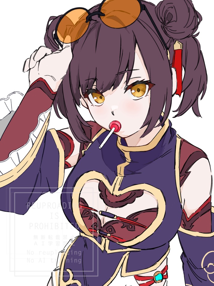 1girl asngi_1027hana black_hair breasts candy chinese_clothes detached_sleeves double_bun dress food glasses hair_bun heaven_burns_red large_breasts li_yingxia lollipop official_alternate_costume solo twintails wide_sleeves yellow_eyes