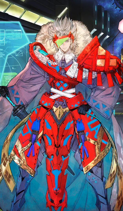 1boy armor armored_boots black_gloves boots closed_mouth commentary_request crest family_crest fate/grand_order fate_(series) feet_out_of_frame fur_trim gloves grey_hair hand_on_own_hip holding holding_sword holding_weapon japanese_armor japanese_clothes kimono legs_apart long_sleeves looking_at_viewer male_focus official_alternate_costume official_art one_eye_covered purple_eyes purple_kimono red_armor science_fiction short_hair smile solo standing sword takeda_shingen_(fate) tall_hair third-party_source toi8 weapon wide_sleeves yotsuwari-bishi
