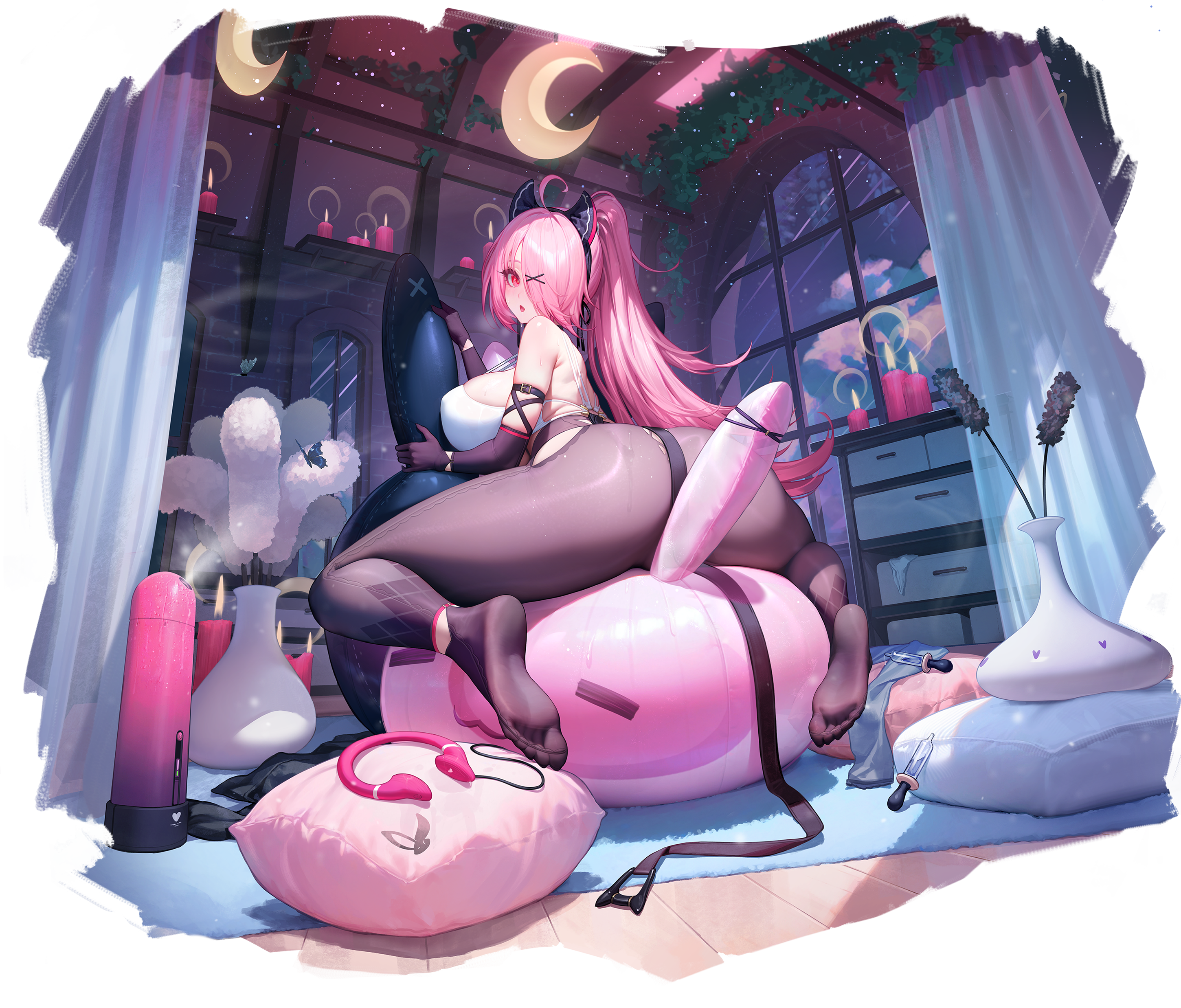 1girl absurdres ass bare_back bare_shoulders black_gloves black_pantyhose breasts character_request crosscore elbow_gloves feet flower gloves hair_over_one_eye hair_ribbon highres huge_breasts long_hair looking_at_viewer looking_back no_shoes official_art one_eye_covered pantyhose pillow pink_hair ponytail red_eyes ribbon sitting soles toes