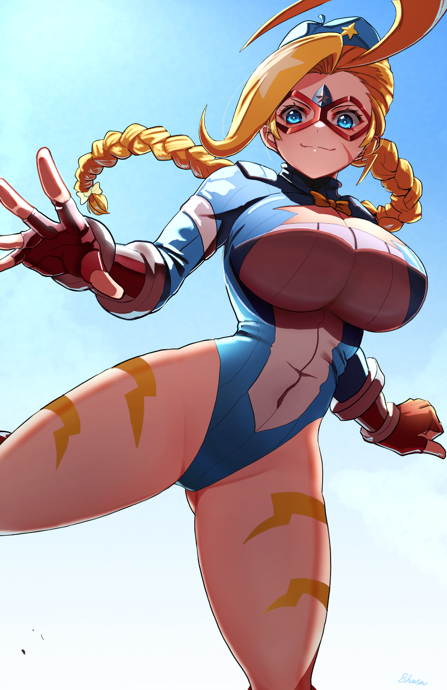 1girl adapted_costume asymmetrical_bangs backlighting beret blonde_hair blue_eyes bodypaint bow bowtie braid braided_ponytail breasts cammy_white cammy_white_(cosplay) cleavage cleavage_cutout closed_mouth clothing_cutout cosplay cowboy_shot eye_mask fingerless_gloves flying from_below fujioka_yatsufusa garrison_cap gloves gluteal_fold hat highleg highleg_leotard highres huge_breasts jumping kamen_america kamen_america_(comic) leotard long_bangs long_hair long_sleeves looking_at_viewer outstretched_arms red_gloves ribbed_leotard signature sky sleeved_leotard smile solo star_cutout street_fighter street_fighter_zero_(series) thick_thighs thighs thong_leotard yellow_bow yellow_bowtie