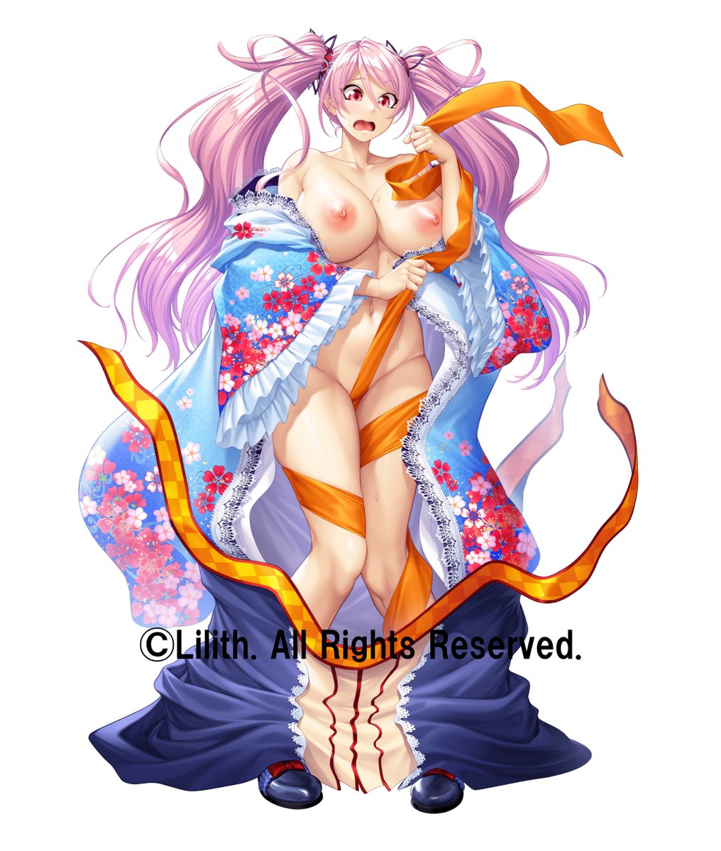 1girl breasts curvy felicia_(taimanin_kurenai) highres japanese_clothes kimono large_breasts lilith-soft long_hair long_twintails moaning open_clothes open_kimono taimanin_(series) taimanin_rpgx very_long_hair wide_hips zol