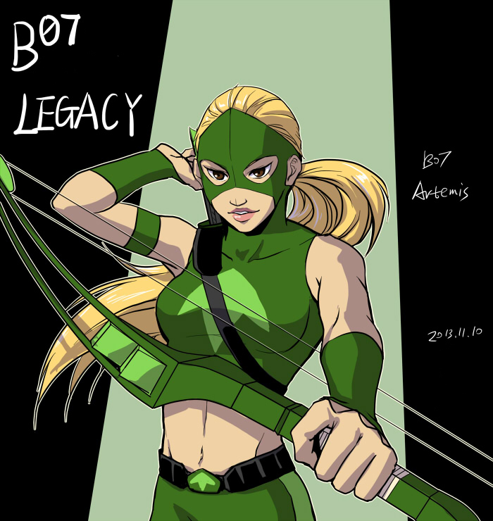 10s 1girl 2013 arrow_(projectile) artemis_crock blonde_hair bow_(weapon) brown_eyes character_name dark_skin dark-skinned_female dc_comics female_focus midriff ponytail riyan solo weapon young_justice:_invasion