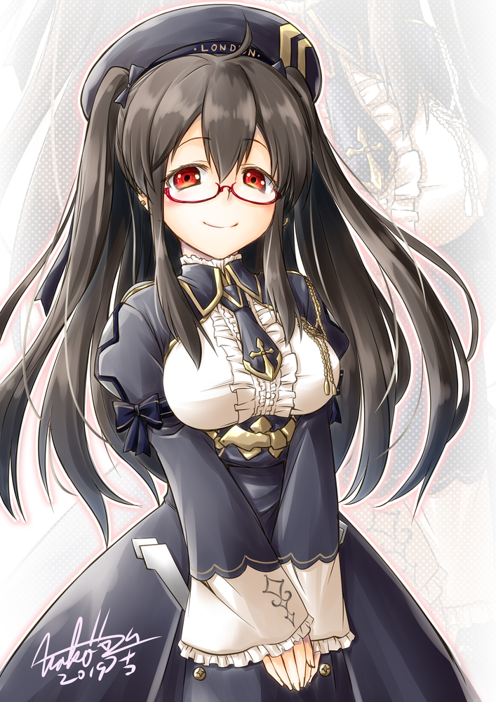 1girl ahoge alternate_costume azur_lane black_hat black_necktie blush breasts brown_hair character_name closed_mouth female_focus glasses hat large_breasts london_(azur_lane) london_(retrofit)_(azur_lane) long_sleeves looking_at_viewer muranako necktie red-framed_eyewear red_eyes semi-rimless_eyewear smile solo under-rim_eyewear