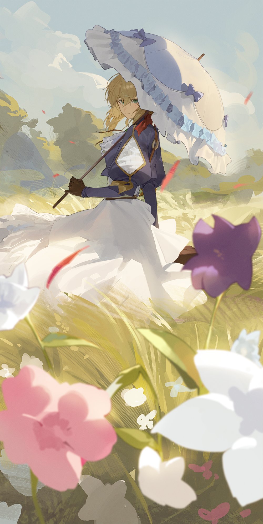 1girl ascot blonde_hair blue_eyes blue_jacket bolo_tie brown_gloves cloud flower from_side gloves grass highres holding holding_umbrella jacket juliet_sleeves kji_(rozo) long_skirt long_sleeves looking_at_viewer outdoors parasol puffy_sleeves red_ribbon ribbon skirt sky umbrella violet_evergarden violet_evergarden_(series) white_ascot white_skirt