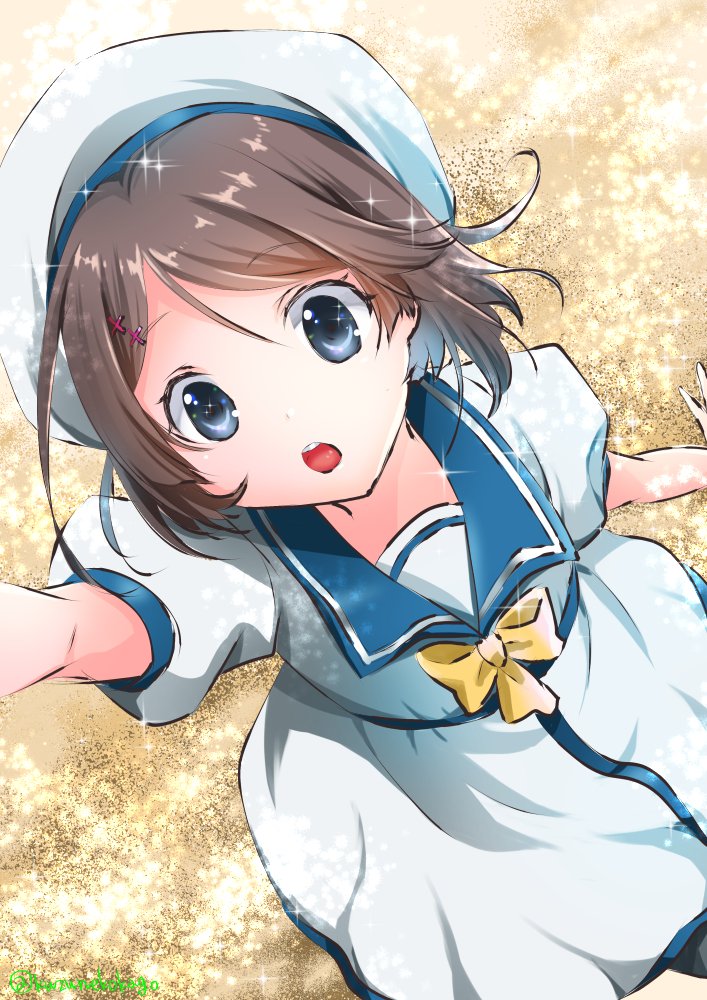 1girl blue_sailor_collar bow brown_hair commentary_request cowboy_shot double_bun dress grey_eyes hair_bun hat kaiboukan_no._30_(kancolle) kantai_collection one-hour_drawing_challenge sailor_collar sailor_dress sailor_hat shizukuneko short_hair solo white_dress white_hat yellow_bow