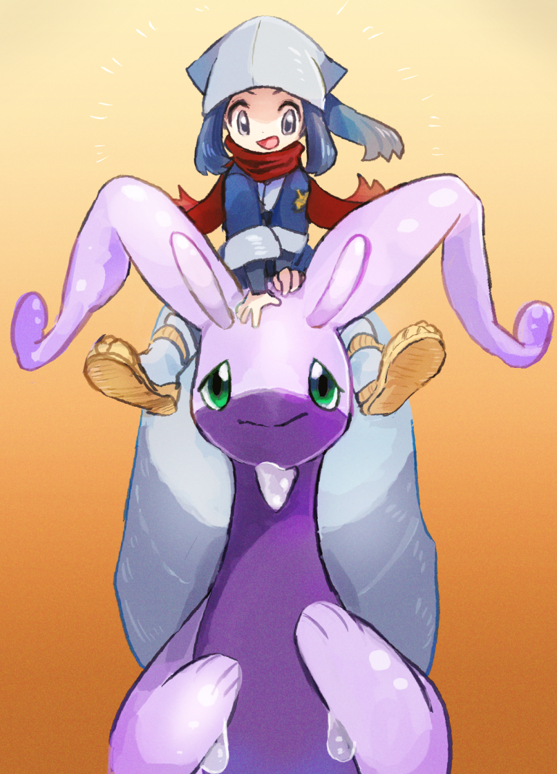 akari_(pokemon) colored_skin commentary_request creatures_(company) galaxy_expedition_team_survey_corps_uniform game_freak gradient_background green_eyes headscarf hisuian_goodra mikeli_li_(artist) nintendo open_mouth orange_background pokemon pokemon_(creature) pokemon_legends:_arceus purple_skin red_scarf riding riding_pokemon scarf slime_(substance) smile white_headscarf yellow_background