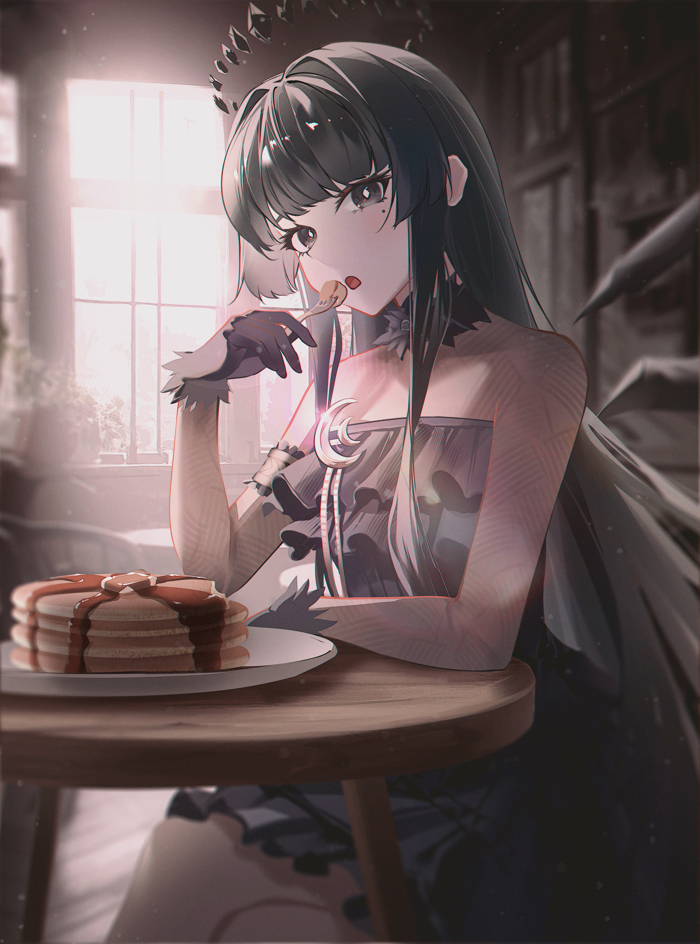 1girl absurdres arknights bare_shoulders black_dress black_eyes black_gloves black_hair black_halo black_wings commentary_request crossed_legs detached_wings dress eating food fork gloves halo highres holding holding_fork hyin indoors long_hair mole mole_under_eye official_alternate_costume on_chair open_mouth pancake pancake_stack sitting solo table very_long_hair virtuosa_(arknights) virtuosa_(diversity_oneness)_(arknights) wings