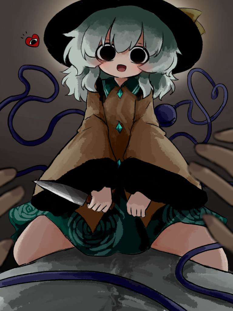 1boy 1girl :d black_eyes black_hat collared_shirt commentary_request contrast_collar floral_print frilled_shirt_collar frills green_hair green_skirt grey_background hat heart heart_of_string heripantomorrow holding holding_knife knife komeiji_koishi long_sleeves looking_at_viewer medium_hair open_mouth pov print_skirt rose_print shirt skirt smile straddling third_eye touhou white_shirt wide_sleeves yellow_shirt