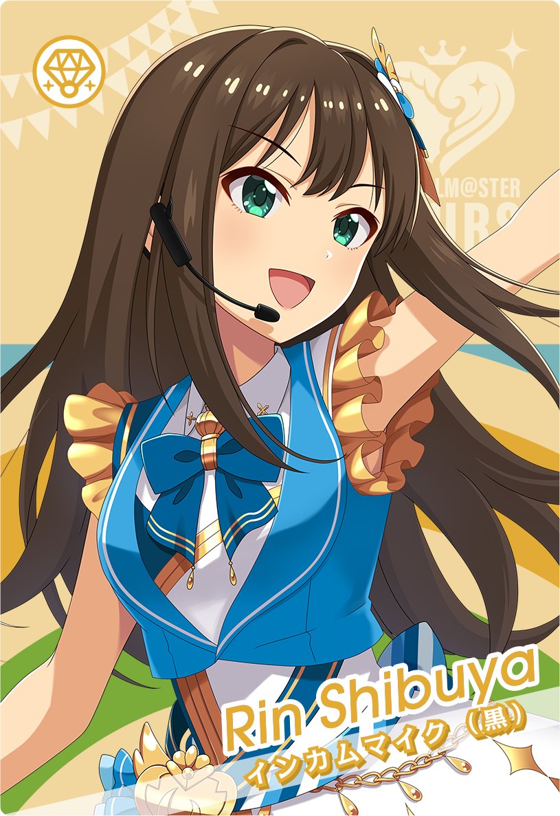1girl bow bowtie brown_hair english_text flag frills green_eyes idol_clothes idolmaster idolmaster_cinderella_girls idolmaster_tours japanese_text microphone official_art open_mouth shibuya_rin solo