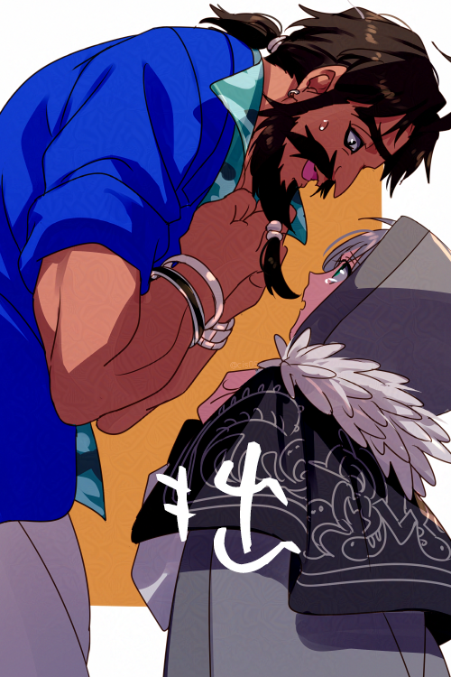 1boy 1girl aqua_eyes beard black_cloak black_hair blue_shirt border bracelet brown_background cloak echo_(circa) edward_teach_(fate) edward_teach_(midsummer_gentleman)_(fate) facial_hair fate/grand_order fate_(series) fur-trimmed_cloak fur_trim gray_(fate) green_eyes grey_hair hood hooded_cloak japanese_text jewelry long_hair long_sleeves lord_el-melloi_ii_case_files mustache open_mouth outside_border shirt sidelocks smile tearing_up translation_request white_border