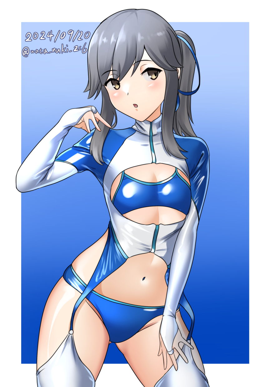 1girl alternate_costume bikini blue_background blue_bikini bodysuit border breasts brown_eyes dated gradient_background grey_hair highres kantai_collection long_hair multicolored_bodysuit one-hour_drawing_challenge ponytail small_breasts solo sports_bikini swimsuit twitter_username usugumo_(kancolle) wata_nuki white_bodysuit white_border