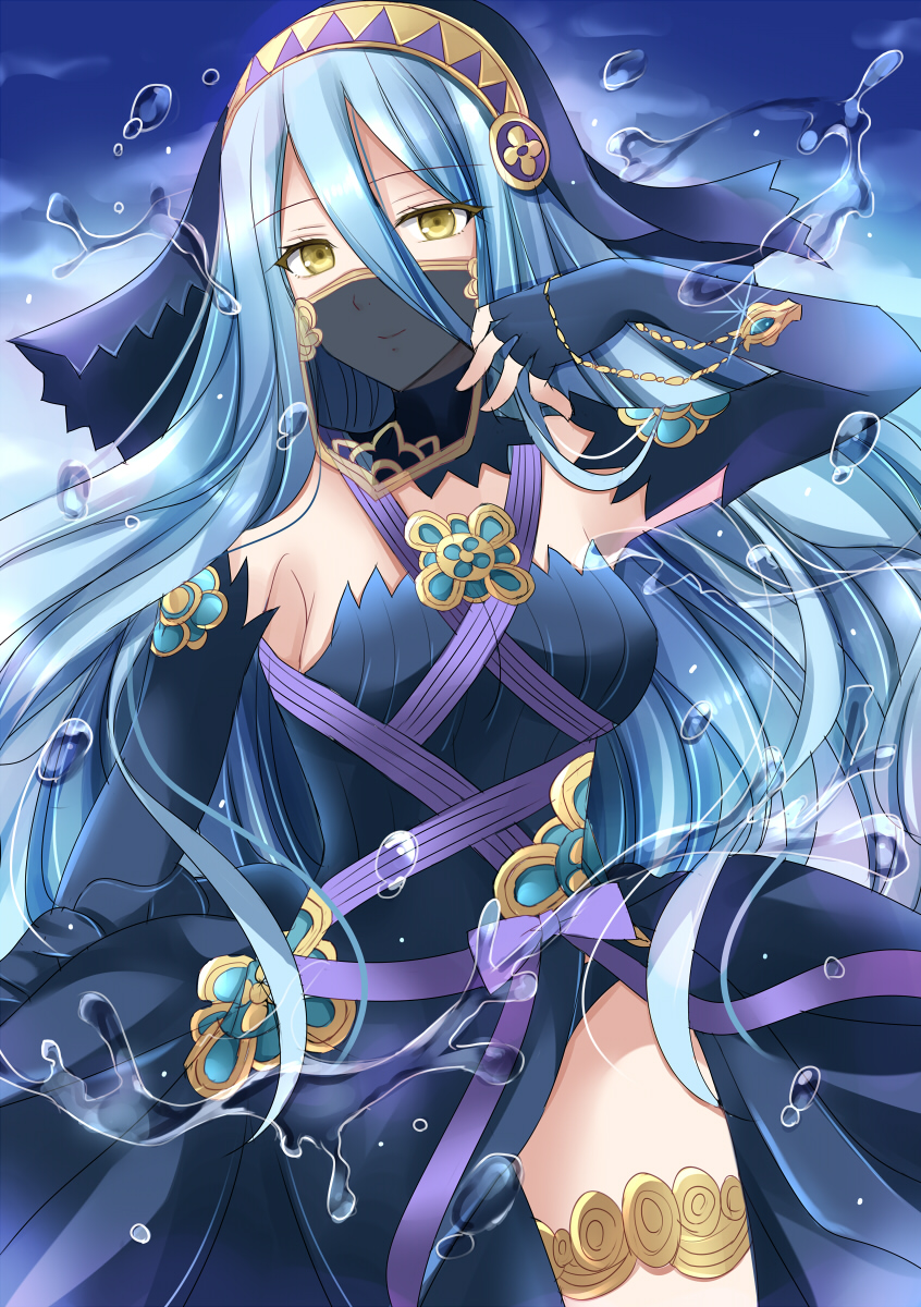 1girl anklet azura_(fire_emblem) azura_(lady_of_ballads)_(fire_emblem) black_dress black_gloves blue_background blue_hair breasts closed_mouth commentary_request detached_collar detached_sleeves dress elbow_gloves fingerless_gloves fire_emblem fire_emblem_fates gloves hair_between_eyes highres holding hydrokinesis jewelry kirishima_riona long_hair looking_at_viewer medium_breasts mouth_veil nintendo pendant smile solo veil very_long_hair water yellow_eyes