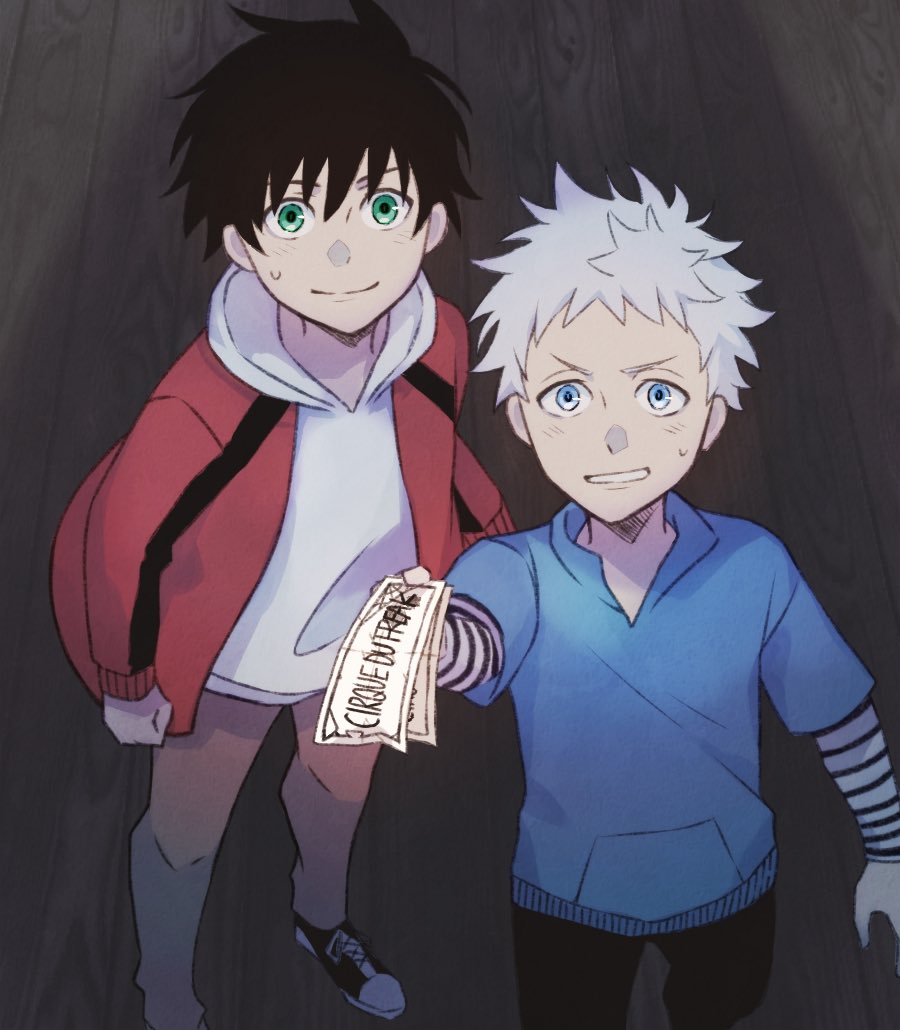 aged_down black_hair blue_eyes child darren_shan from_above green_eyes grey_hair hm3bird holding hood hoodie layered_sleeves long_sleeves looking_up multiple_boys short_over_long_sleeves short_sleeves smile steve_leonard the_saga_of_darren_shan ticket