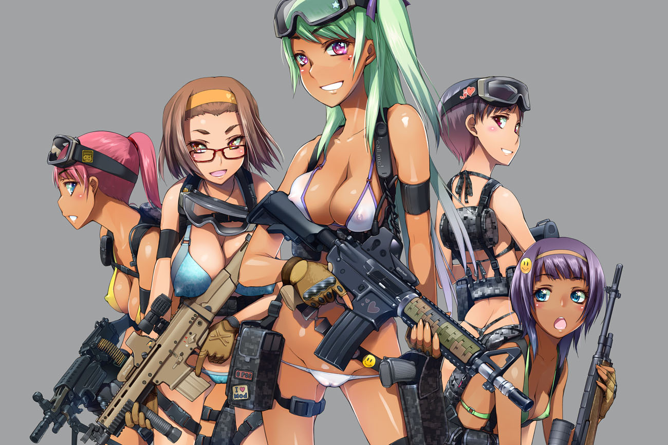 5girls ammunition ammunition_belt asaki_takayuki assault_rifle bad_id bad_pixiv_id bikini bipod black_hair blue_eyes blush breast_press breasts brown_hair butt_crack cameltoe cleavage covered_erect_nipples crossdraw_holster dark-skinned_female dark_skin eotech fingerless_gloves fingernails fn_scar glasses gloves goggles goggles_on_head green_hair grin groin gun holster huge_breasts large_breasts light_machine_gun long_fingernails long_hair looking_back lowleg lowleg_bikini m-21 m249_saw m4_carbine machine_gun military_operator mole mole_under_eye multiple_girls o-ring o-ring_top open_mouth original pink_hair ponytail purple_hair rifle scope see-through_clothes shiny_skin short_hair smile smiley_face sniper_rifle squad_automatic_weapon strap_gap swimsuit thigh_holster thigh_strap trigger_discipline vertical_forward_grip weapon