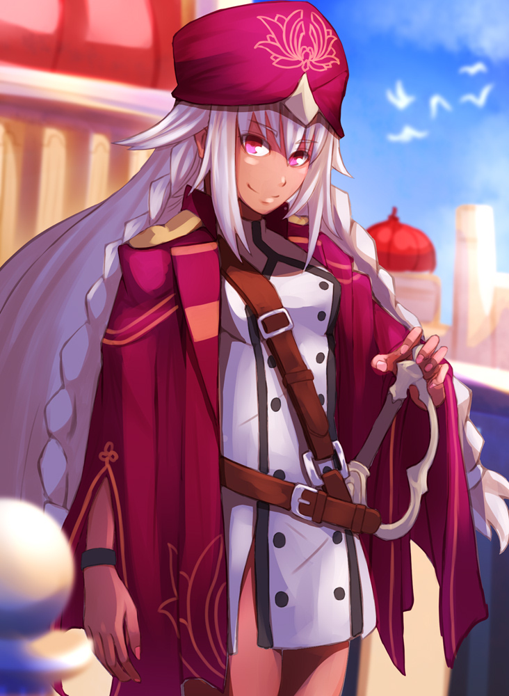 1girl belt blue_sky braid breasts dark-skinned_female dark_skin dress fate/grand_order fate_(series) harnetyss hat jacket jacket_on_shoulders lakshmibai_(fate) long_hair looking_at_viewer medium_breasts red_eyes red_hat red_jacket short_dress sidelocks sky smile solo sword turban twin_braids weapon white_dress white_hair
