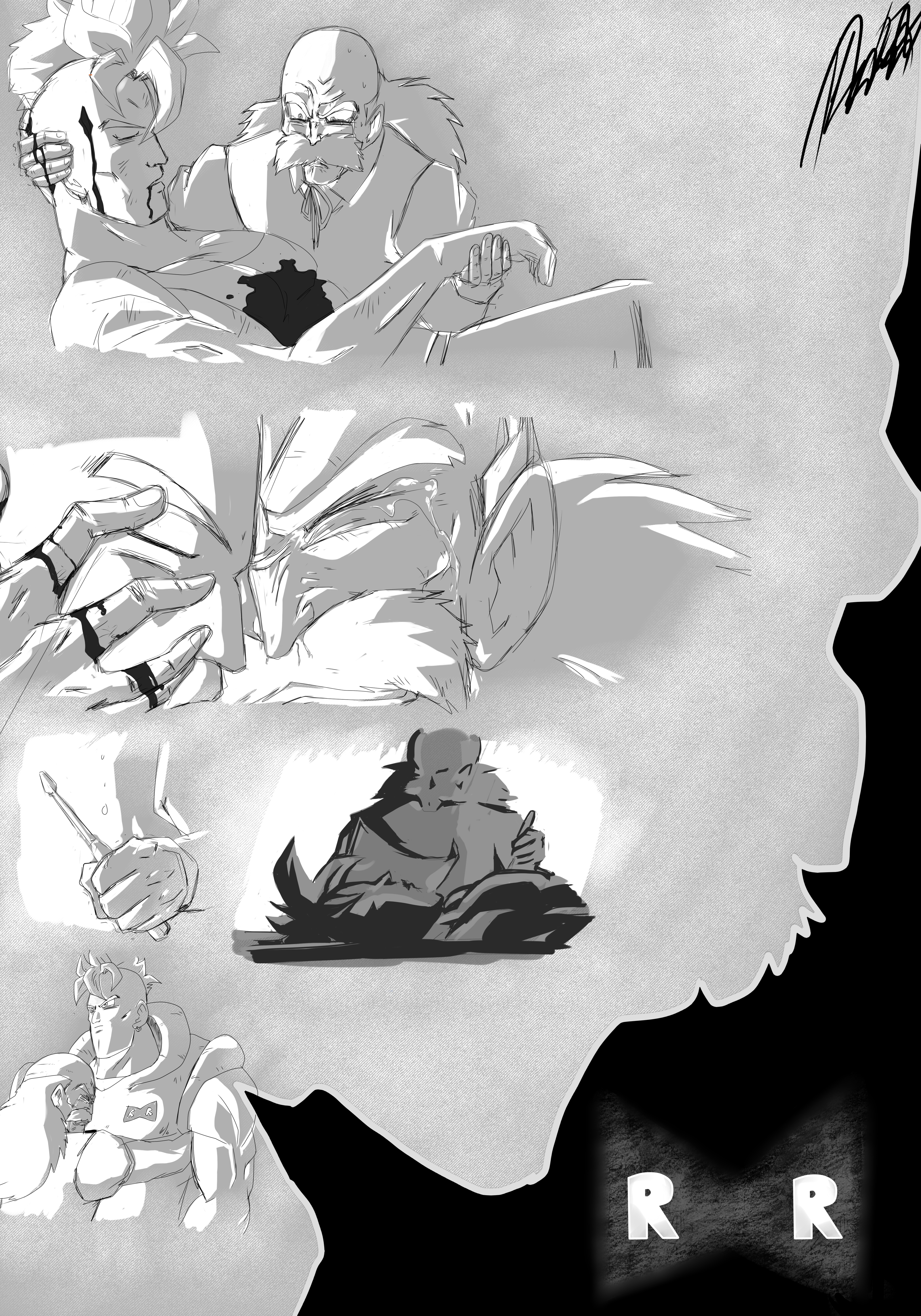 2boys absurdres android_16 bald blood closed_eyes crying dr._gero_(dragon_ball) dragon_ball dragonball_z earrings facial_hair family father_and_son highres hug jewelry long_hair mohawk monochrome multiple_boys mustache old old_man red_ribbon_army short_hair signature summector white_hair