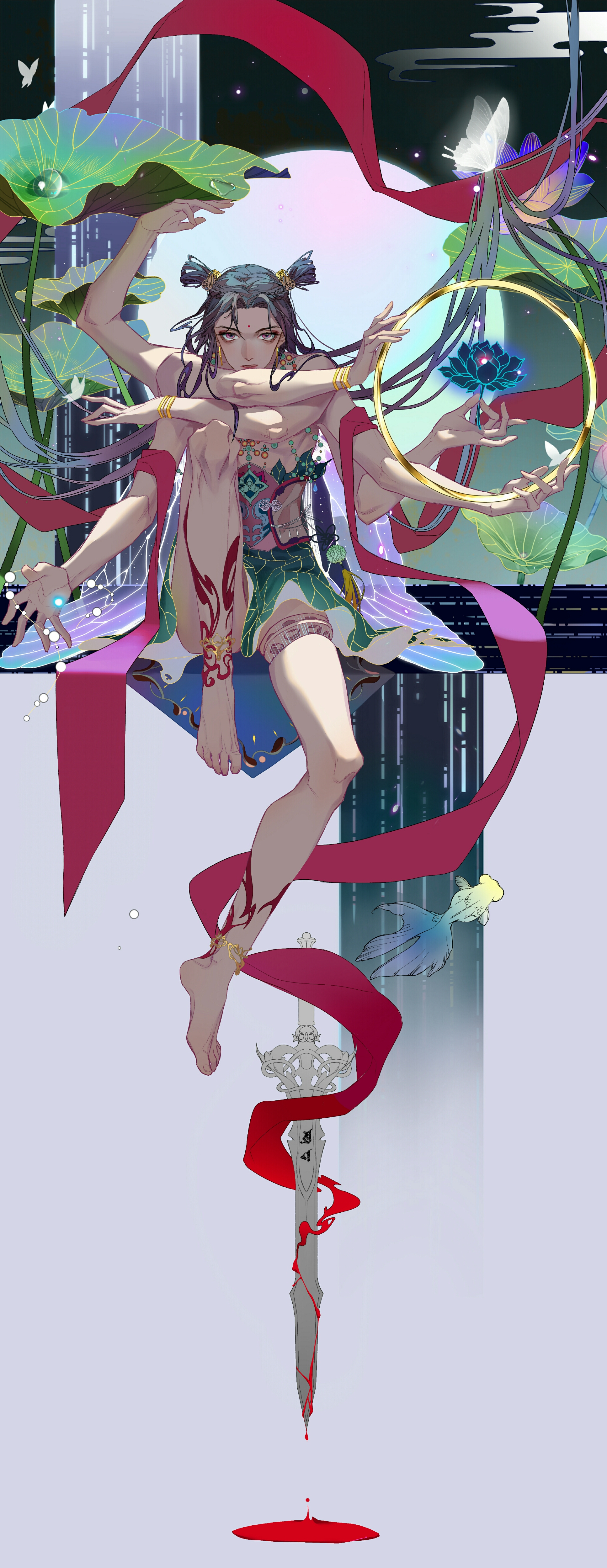 1014134697vei 1boy absurdres androgynous anklet arm_up barefoot bead_necklace beads blood blood_drip blood_on_ground bracelet braid bug butterfly butterfly_wings chakram chinese_mythology crossed_arms detached_legs dew_drop double_bun dripping earrings egasumi extra_arms facial_mark fish floating floating_object floating_weapon flower forehead_mark french_braid full_body full_moon glowing_butterfly goldfish grey_hair hagoromo hair_bun hands_up highres holding holding_flower holding_weapon hoop insect insect_wings jewelry knee_up leaf_clothing leg_tattoo light_particles long_hair looking_at_viewer lotus lotus_leaf lotus_root male_focus moon necklace nezha_(mythology) outstretched_arms parted_bangs parted_lips pink_eyes purple_flower purple_wings sash shawl sitting solo sword sword_writing tattoo transparent_wings very_long_hair water_drop weapon white_butterfly wings