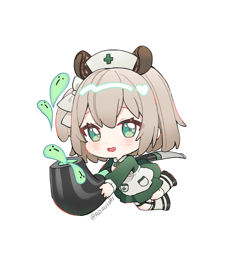 1girl animal_ears apron artist_name black_shoes blush bow brown_hair chibi chibi_only commentary double-parted_bangs dress english_commentary floating full_body green_dress green_eyes hair_bow hat holding holding_smoking_pipe indie_virtual_youtuber legwear_garter long_sleeves looking_at_viewer mary_janes medium_dress naplings_(nimi_nightmare) nimi_nightmare nurse nurse_cap one_side_up open_mouth oversized_object peter_pan_collar pocket rosuuri shoes simple_background smoking_pipe socks solo tapir_ears tapir_girl two-handed virtual_youtuber white_apron white_background white_bow white_hat white_socks