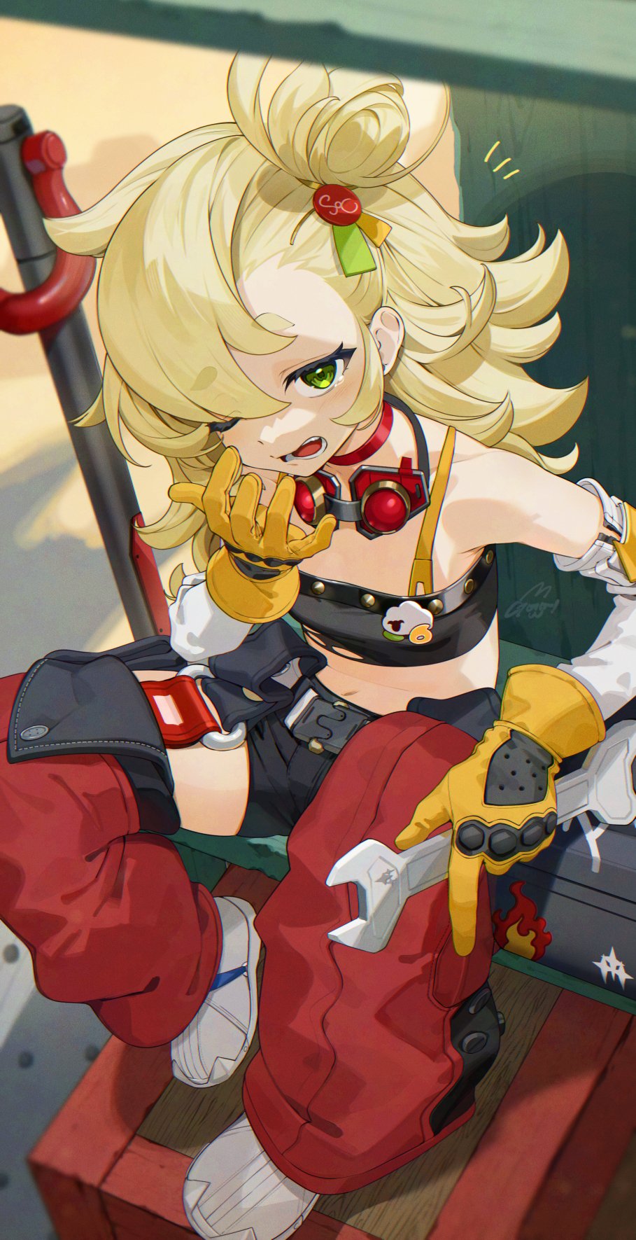 1girl black_shorts blonde_hair choker commentary_request detached_pants detached_sleeves eyewear_around_neck from_above full_body gloves gotoh_(nekocat) green_eyes hair_bun highres holding holding_wrench long_hair midriff navel notice_lines one_eye_closed open_mouth outdoors pants piper_wheel red_choker red_pants shoes short_eyebrows short_shorts shorts sitting solo spiked_shirt teeth thick_eyebrows white_shoes white_sleeves wrench yawning yellow_gloves zenless_zone_zero