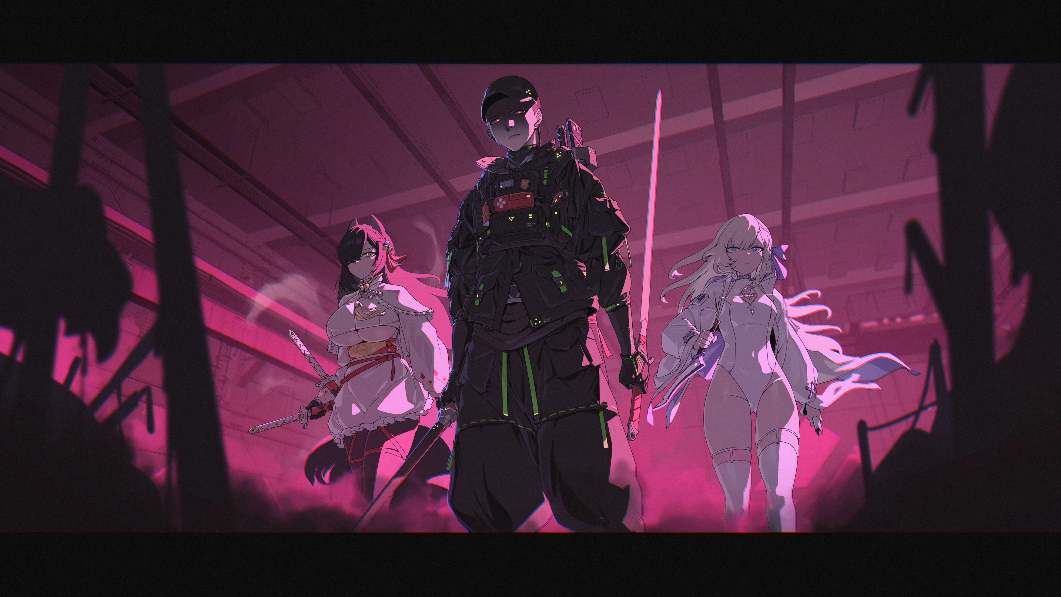 1boy 2girls absurdres black_gloves black_hair blonde_hair blue_eyes breasts bulletproof_vest dual_wielding gloves groin hair_over_one_eye hat highres holding holding_sword holding_weapon jin_rou large_breasts leotard long_hair looking_at_viewer medium_breasts multiple_girls original red_eyes sash sheath sheathed sword thighhighs underboob weapon white_thighhighs yellow_eyes