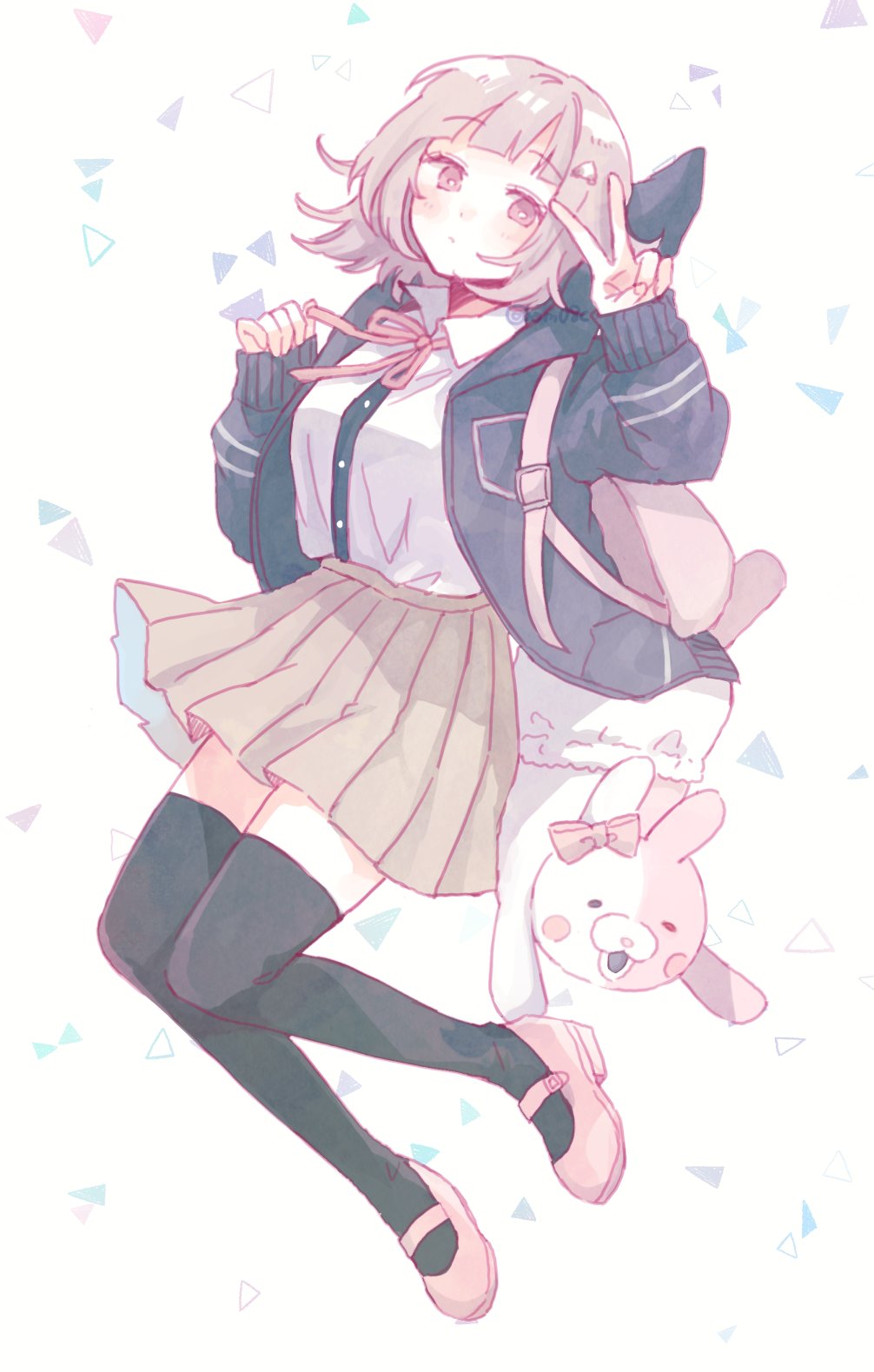 1girl animal_bag blush breasts brown_hair cat_bag collared_shirt danganronpa_(series) danganronpa_2:_goodbye_despair flipped_hair hair_ornament highres jacket long_sleeves looking_at_viewer medium_hair monomi_(danganronpa) nanami_chiaki neck_ribbon open_clothes open_jacket pink_bag pink_eyes pink_ribbon pink_shoes pleated_skirt ribbon shirt shoes simple_background skirt solo spaceship_hair_ornament thighhighs white_shirt yasushi_(yssm8)